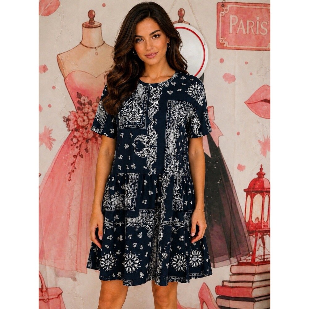 ZARA TRAFALUC Navy Bandana Paisley Dress Countrycore Western Lagenlook Artsy M
